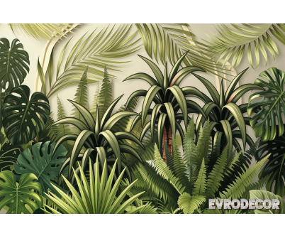 Тропически фототапет с палми и монстера в наситени зелени тонове